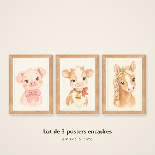 Lot 3 Posters Encadrés Amis de la Ferme – Cochonnet Veau Poulain – Décoration Chambre Bébé Aquarelle – Cadre Chêne 21×30 cm