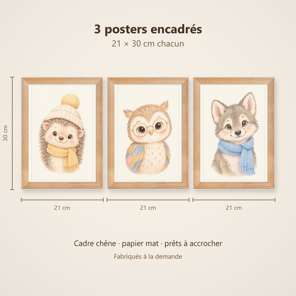 Lot 3 Posters Encadrés Nuit dans les Bois – Hérisson Chouette Louveteau – Décoration Chambre Bébé Aquarelle – Cadre Chêne 21×30 cm