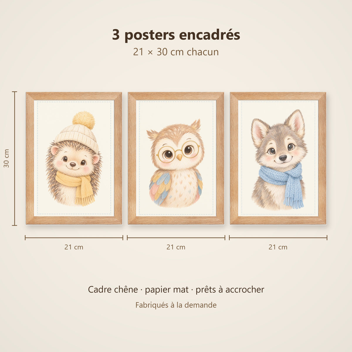 Lot 3 Posters Encadrés Nuit dans les Bois – Hérisson Chouette Louveteau – Décoration Chambre Bébé Aquarelle – Cadre Chêne 21×30 cm