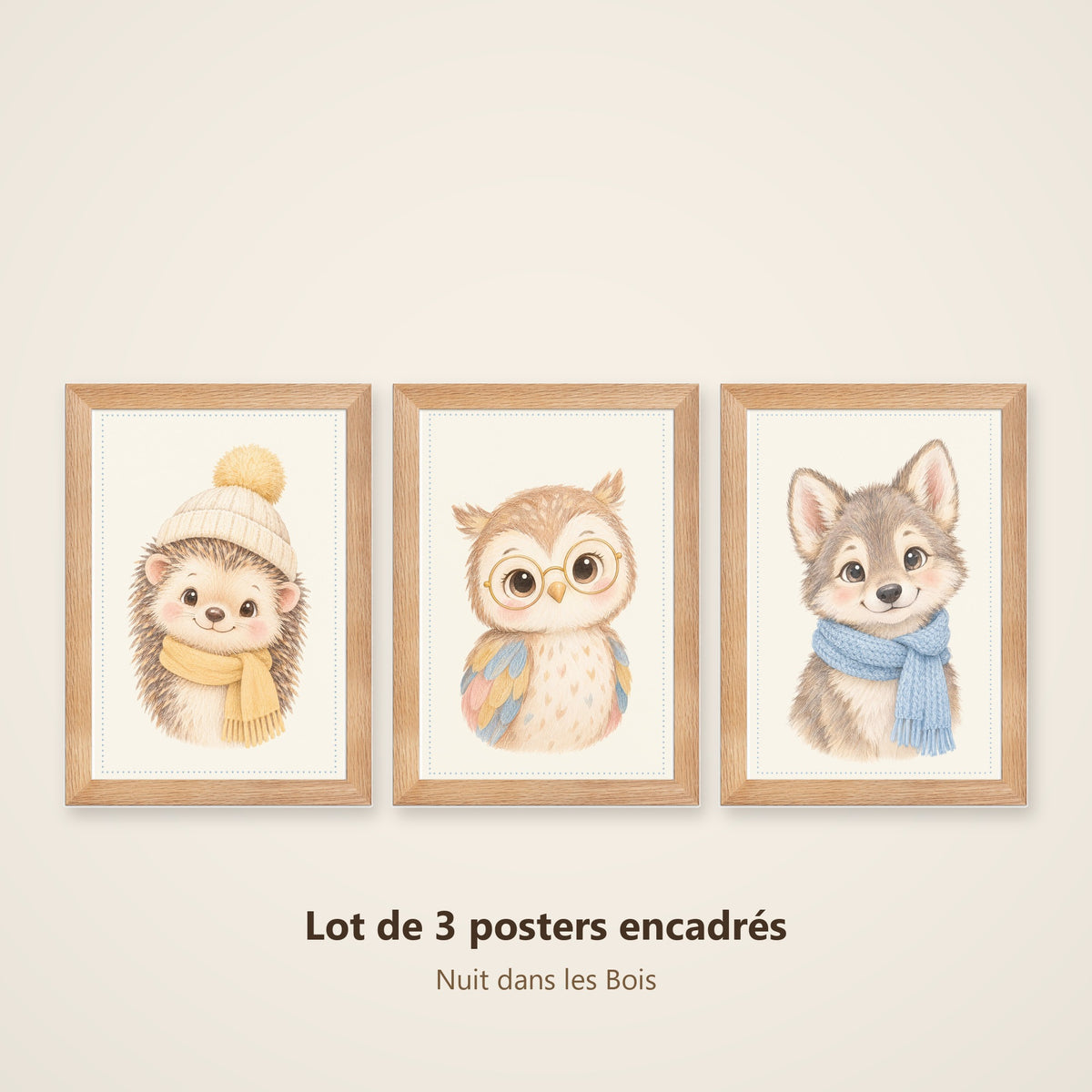 Lot 3 Posters Encadrés Nuit dans les Bois – Hérisson Chouette Louveteau – Décoration Chambre Bébé Aquarelle – Cadre Chêne 21×30 cm
