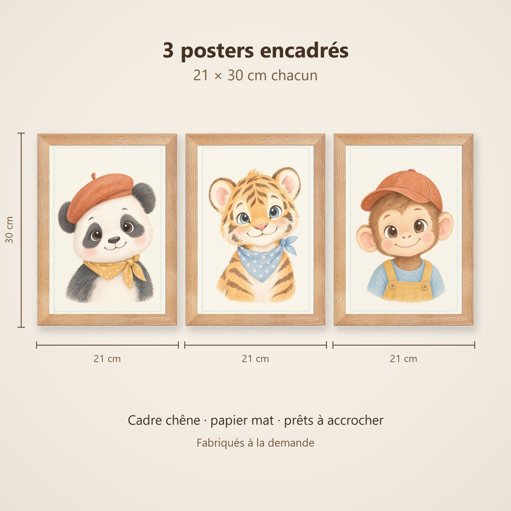 Lot 3 Posters Encadrés Jungle d'Asie – Panda Tigre Singe – Décoration Chambre Bébé Aquarelle – Cadre Chêne 21×30 cm