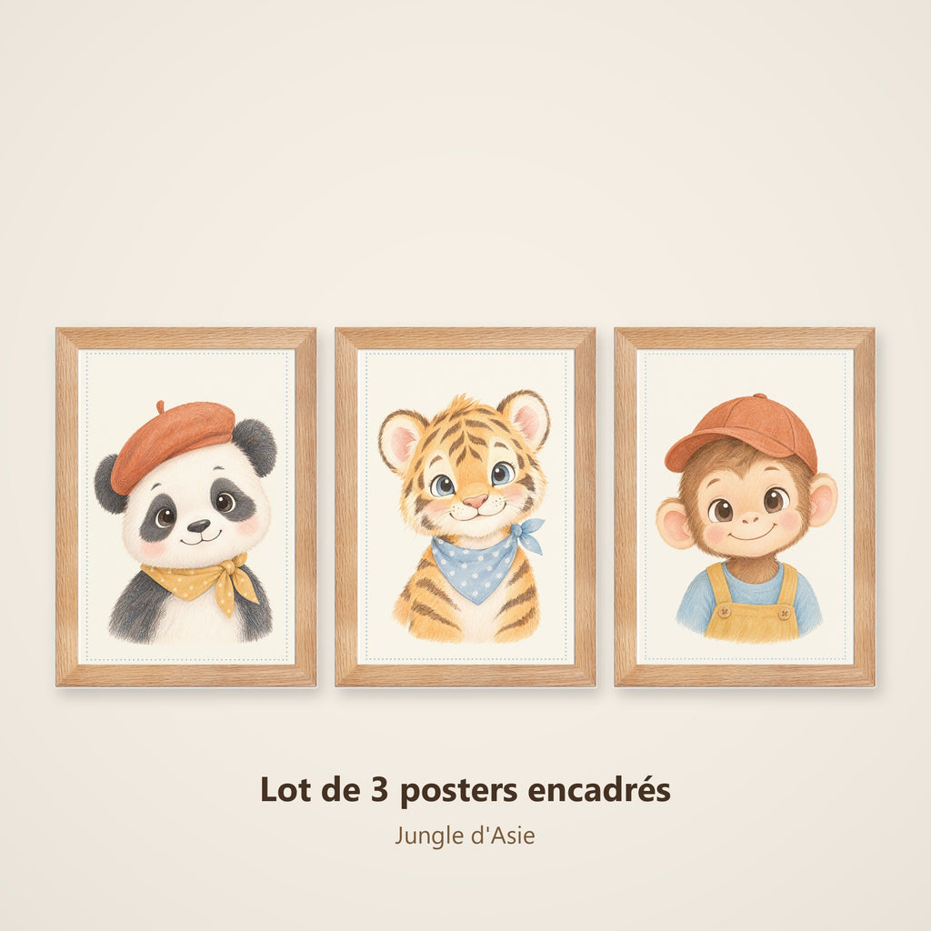 Lot 3 Posters Encadrés Jungle d'Asie – Panda Tigre Singe – Décoration Chambre Bébé Aquarelle – Cadre Chêne 21×30 cm