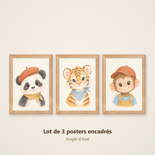 Lot 3 Posters Encadrés Jungle d'Asie – Panda Tigre Singe – Décoration Chambre Bébé Aquarelle – Cadre Chêne 21×30 cm