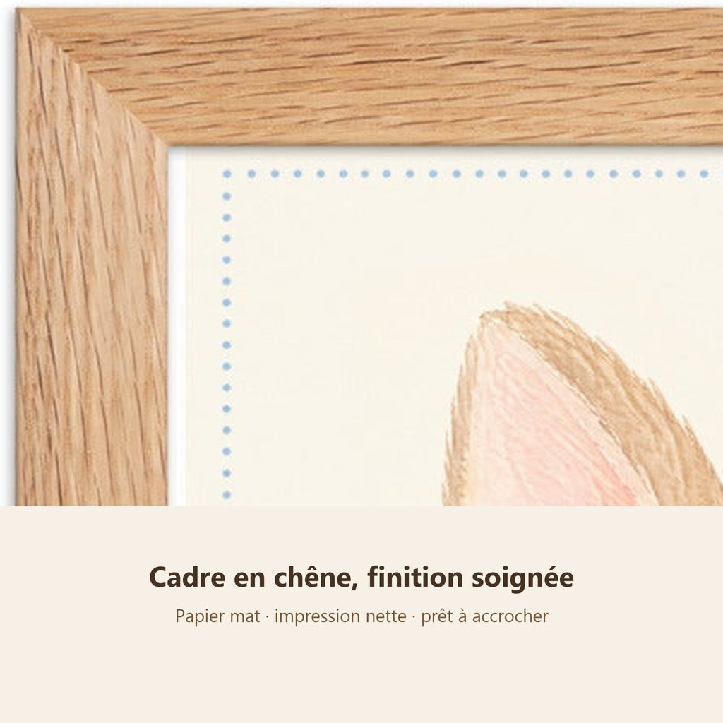 Lot 3 Posters Encadrés Doux comme un Nuage – Lapereau Agneau Chaton – Décoration Chambre Bébé Aquarelle – Cadre Chêne 21×30 cm