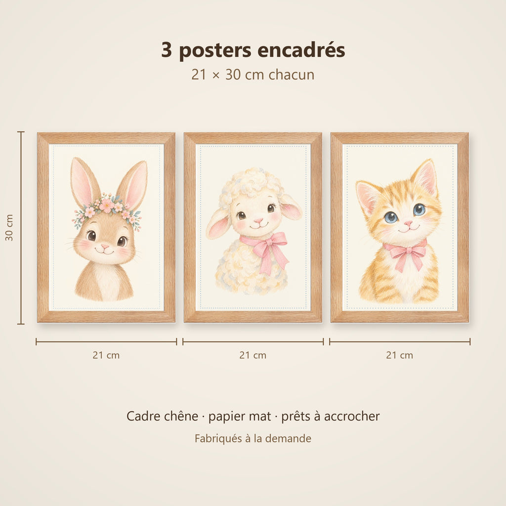 Lot 3 Posters Encadrés Doux comme un Nuage – Lapereau Agneau Chaton – Décoration Chambre Bébé Aquarelle – Cadre Chêne 21×30 cm