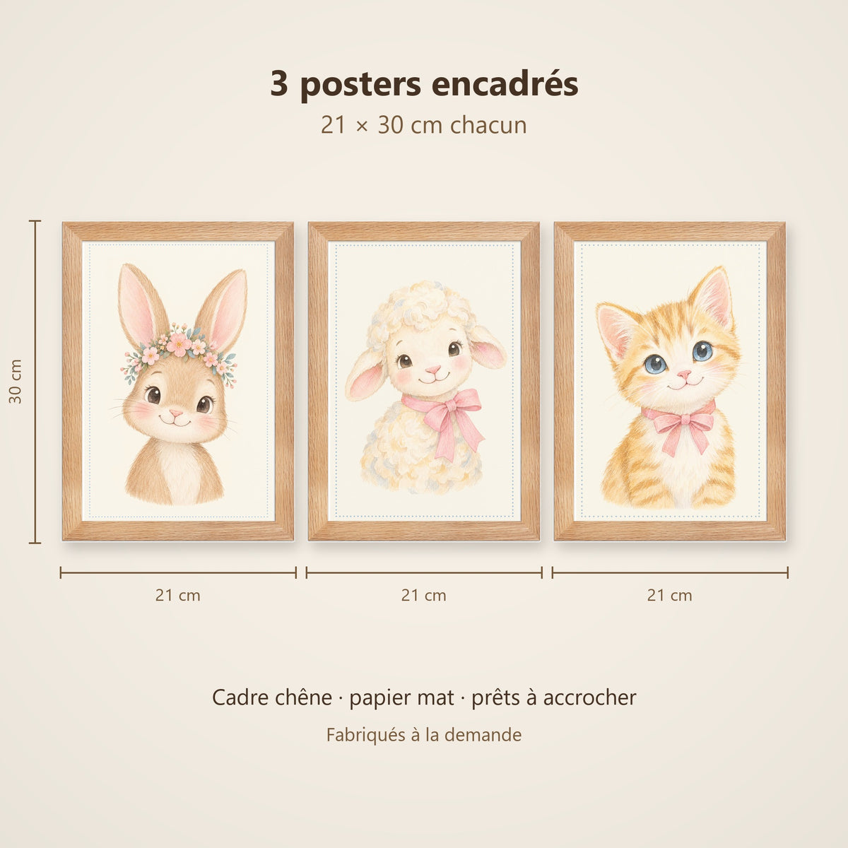 Lot 3 Posters Encadrés Doux comme un Nuage – Lapereau Agneau Chaton – Décoration Chambre Bébé Aquarelle – Cadre Chêne 21×30 cm