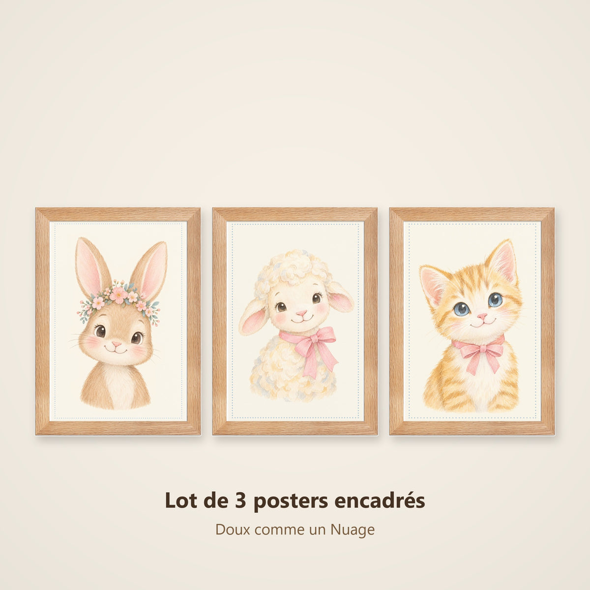 Lot 3 Posters Encadrés Doux comme un Nuage – Lapereau Agneau Chaton – Décoration Chambre Bébé Aquarelle – Cadre Chêne 21×30 cm