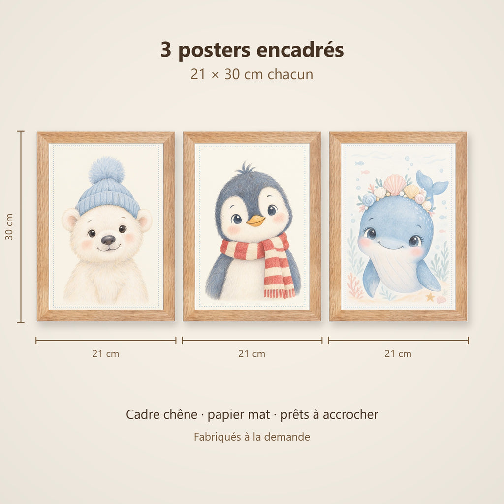 Lot 3 Posters Encadrés Grand Froid – Ours Polaire Pingouin Baleine – Décoration Chambre Bébé Aquarelle – Cadre Chêne 21×30 cm