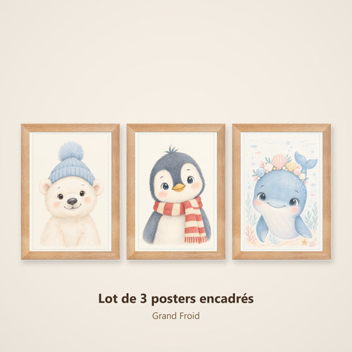 Lot 3 Posters Encadrés Grand Froid – Ours Polaire Pingouin Baleine – Décoration Chambre Bébé Aquarelle – Cadre Chêne 21×30 cm