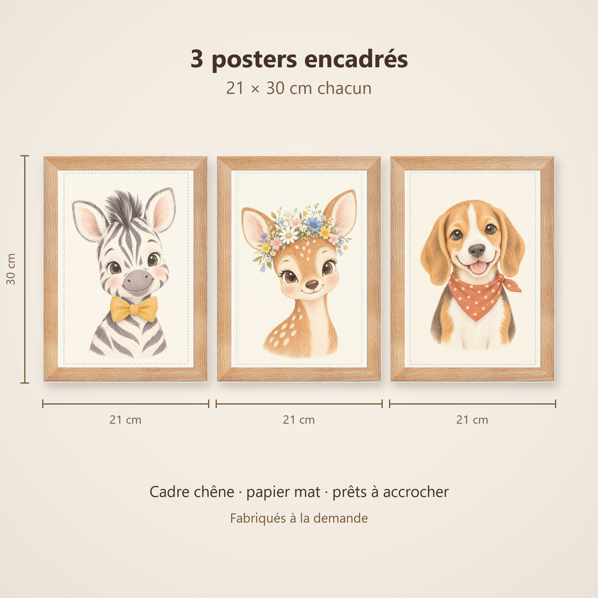 Lot 3 Posters Encadrés Petits Explorateurs – Zèbre Faon Chiot Beagle – Décoration Chambre Bébé Aquarelle – Cadre Chêne 21×30 cm