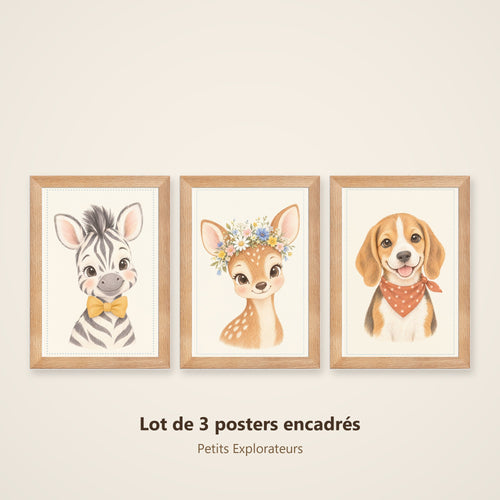 Lot 3 Posters Encadrés Petits Explorateurs – Zèbre Faon Chiot Beagle – Décoration Chambre Bébé Aquarelle – Cadre Chêne 21×30 cm