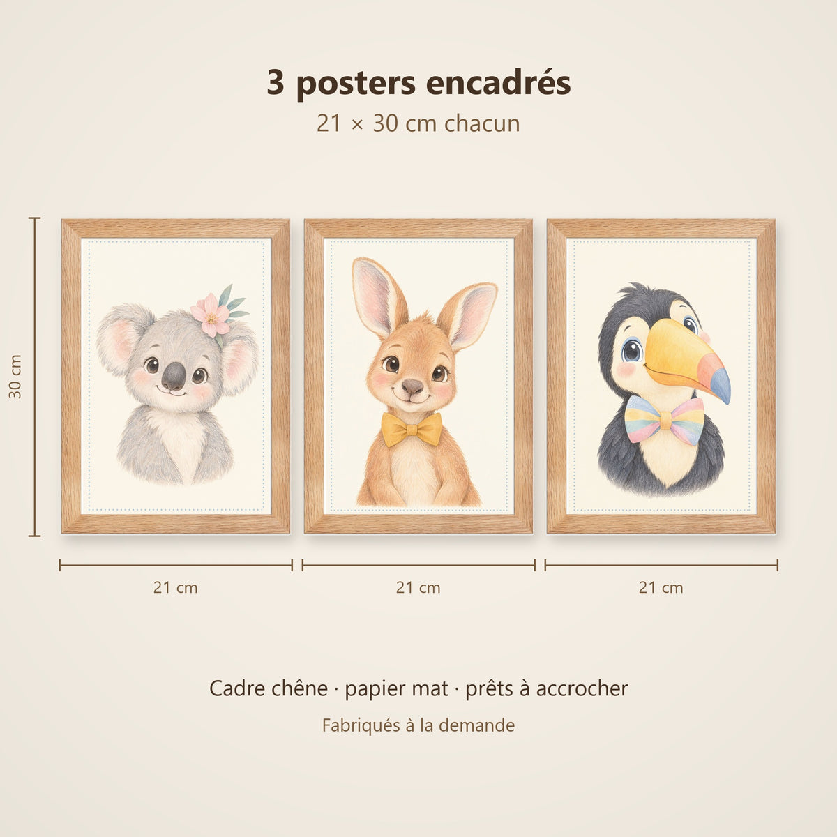 Lot 3 Posters Encadrés Trésors d'Ailleurs – Koala Kangourou Toucan – Décoration Chambre Bébé Aquarelle – Cadre Chêne 21×30 cm