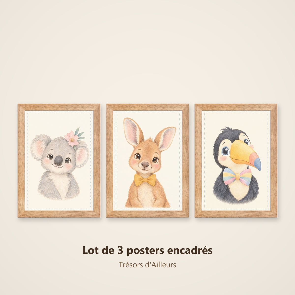 Lot 3 Posters Encadrés Trésors d'Ailleurs – Koala Kangourou Toucan – Décoration Chambre Bébé Aquarelle – Cadre Chêne 21×30 cm
