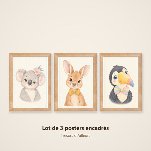 Lot 3 Posters Encadrés Trésors d'Ailleurs – Koala Kangourou Toucan – Décoration Chambre Bébé Aquarelle – Cadre Chêne 21×30 cm