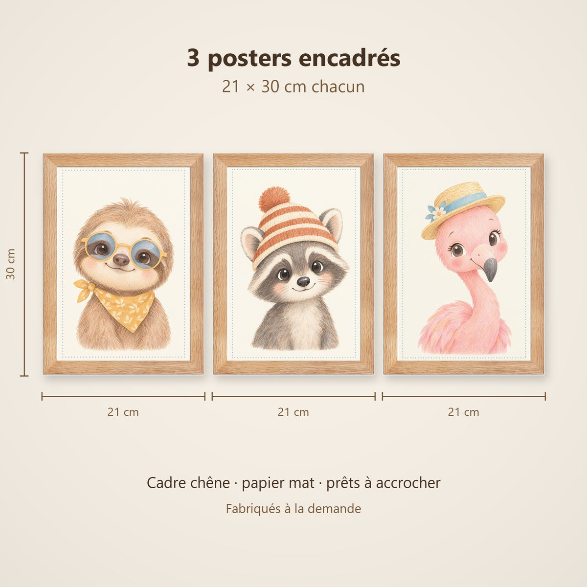 Lot 3 Posters Encadrés Douceur Tropicale – Paresseux Raton Laveur Flamant Rose – Décoration Chambre Bébé Aquarelle – Cadre Chêne 21×30 cm