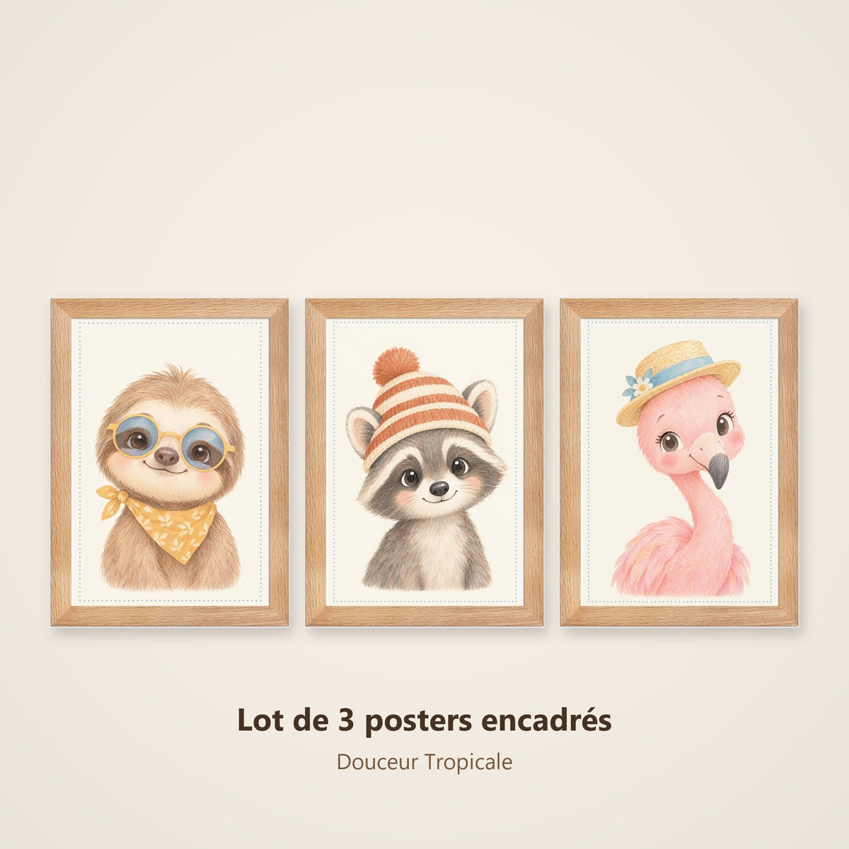 Lot 3 Posters Encadrés Douceur Tropicale – Paresseux Raton Laveur Flamant Rose – Décoration Chambre Bébé Aquarelle – Cadre Chêne 21×30 cm