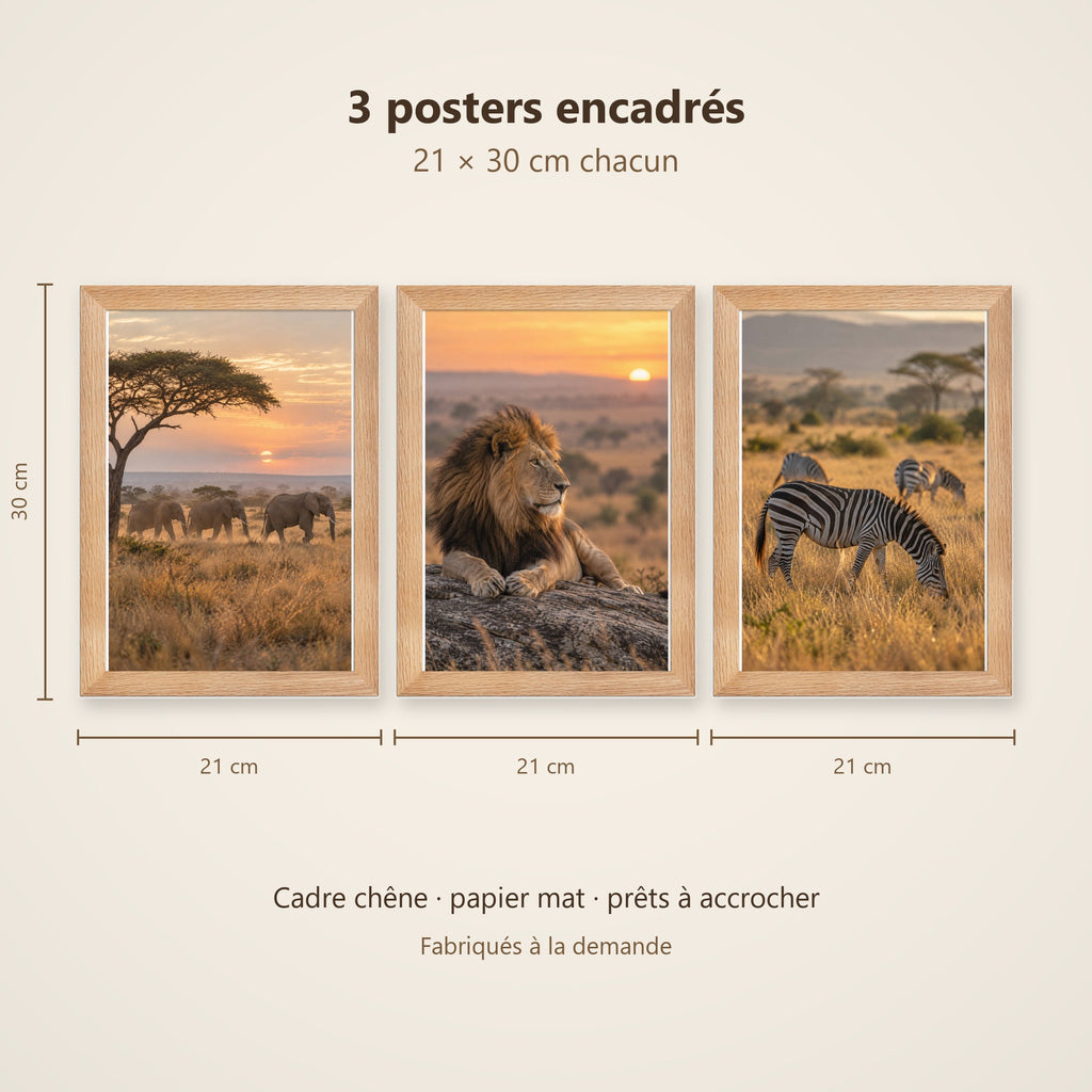 Lot Savane Dorée - 3 Posters Encadrés Nature Afrique - Cadre Chêne