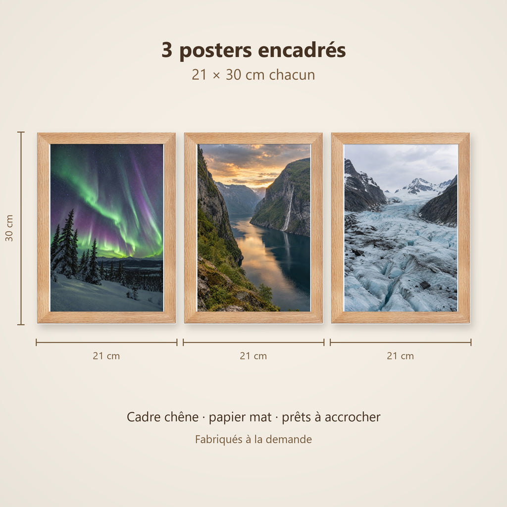 Lot Grand Nord - 3 Posters Encadrés Nature Arctique - Cadre Chêne