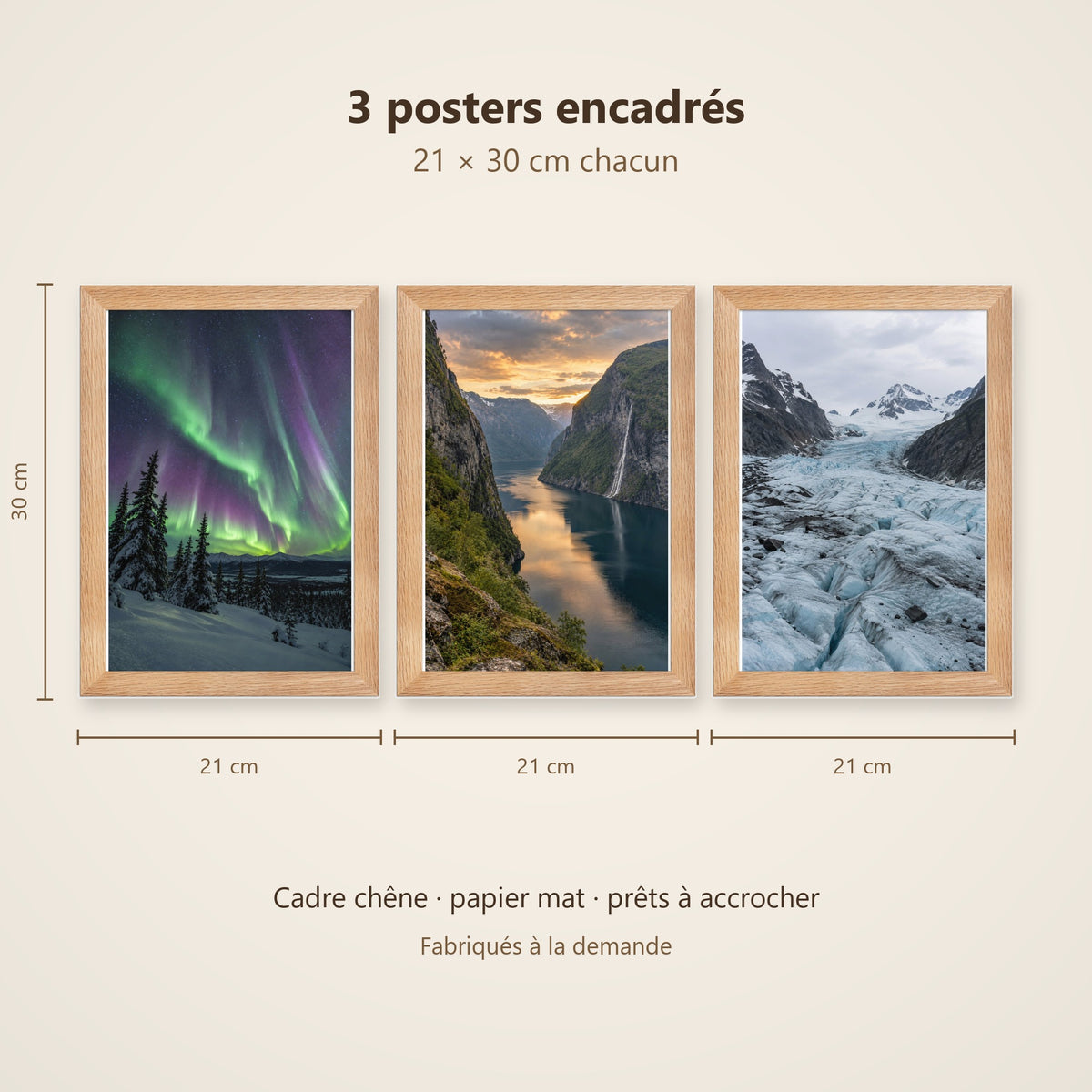 Lot Grand Nord - 3 Posters Encadrés Nature Arctique - Cadre Chêne