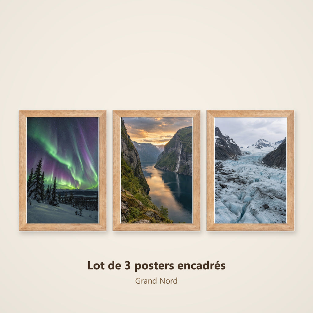Lot Grand Nord - 3 Posters Encadrés Nature Arctique - Cadre Chêne