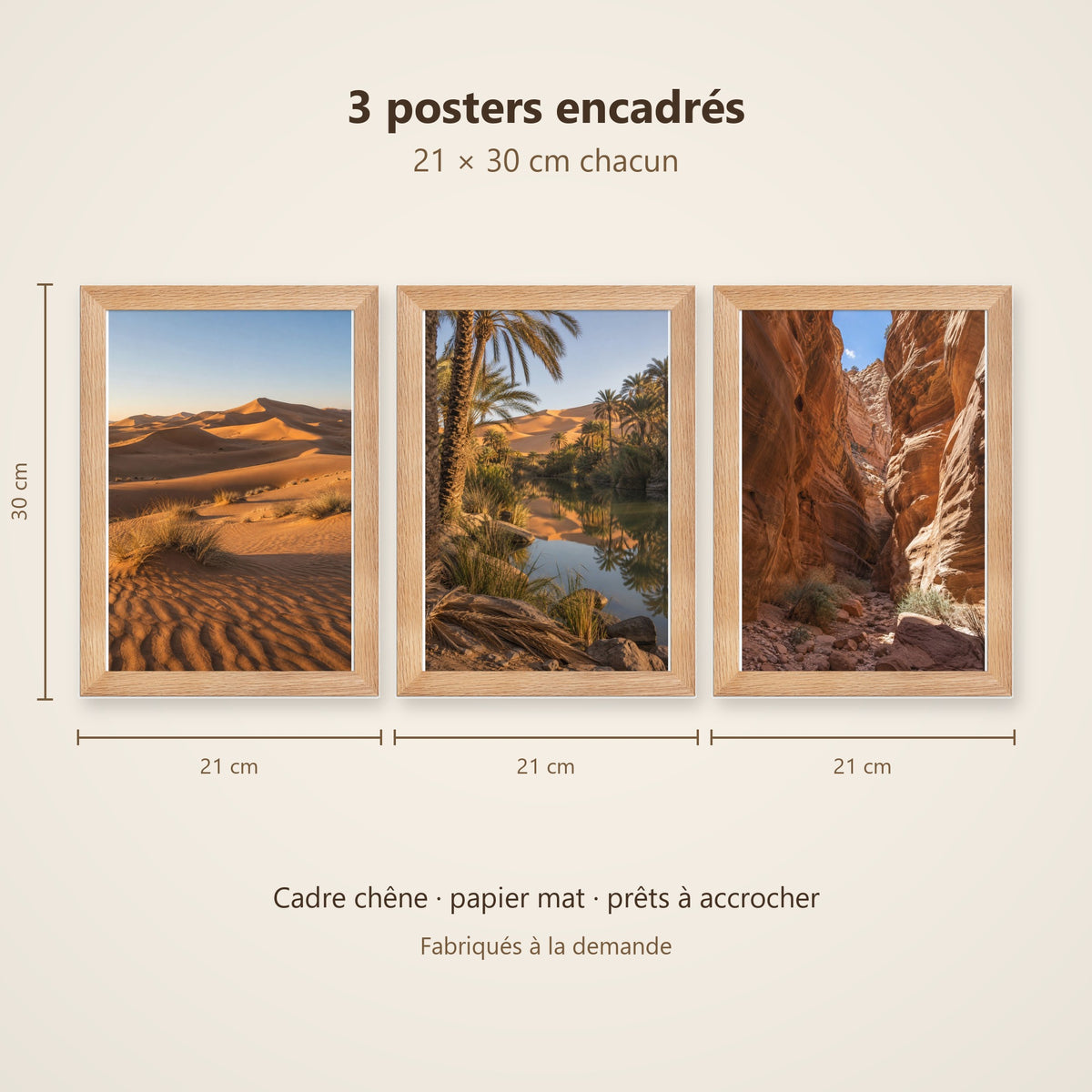 Lot Couleurs du Désert - 3 Posters Encadrés Nature Désert - Cadre Chêne