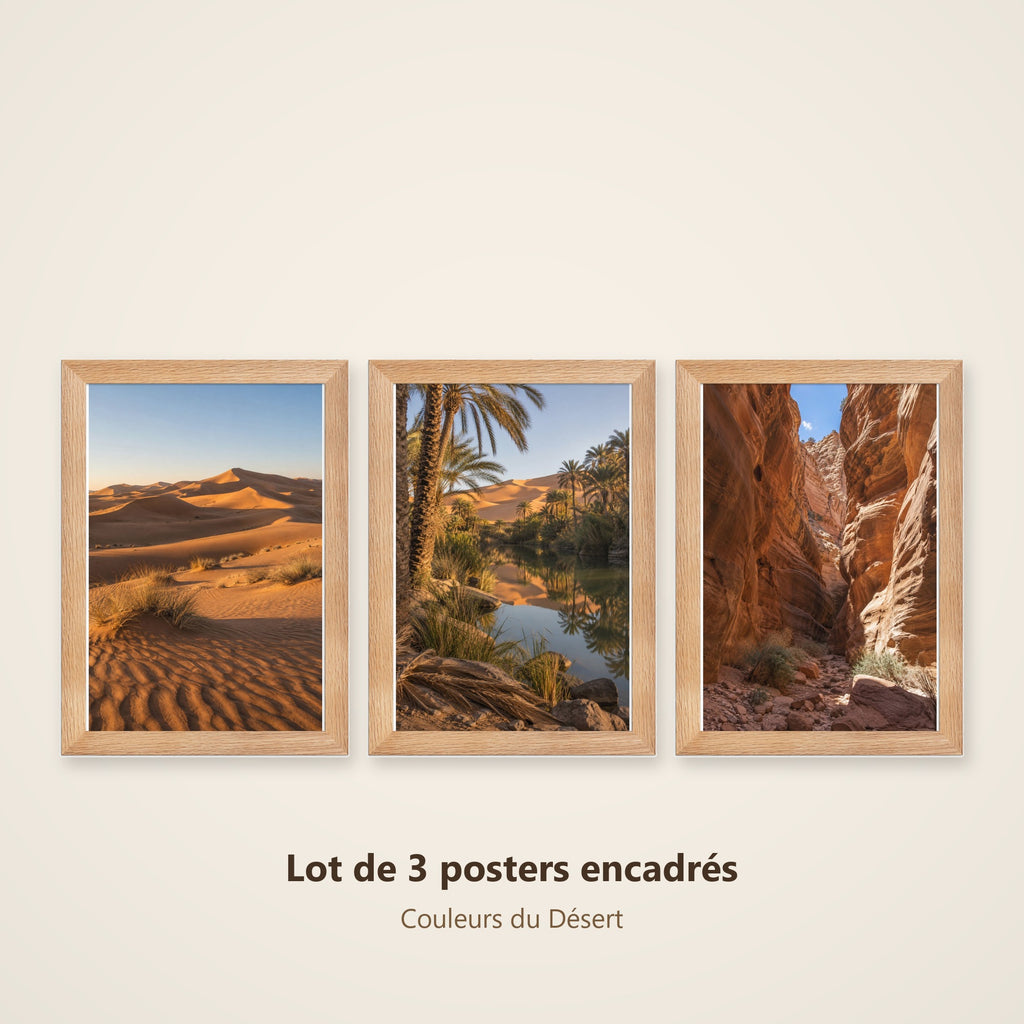 Lot Couleurs du Désert - 3 Posters Encadrés Nature Désert - Cadre Chêne