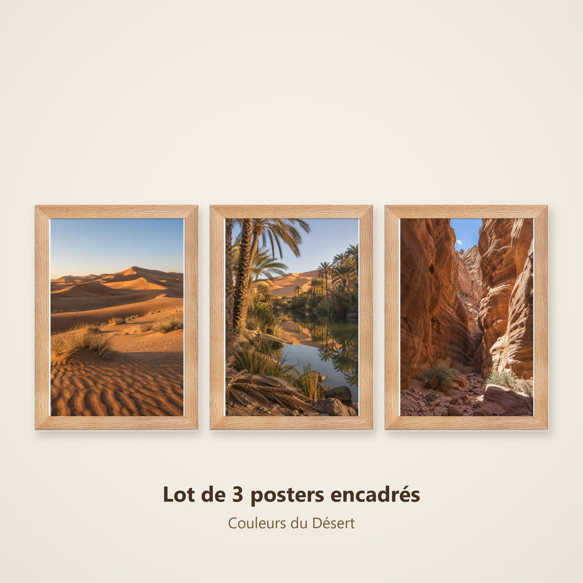 Lot Couleurs du Désert - 3 Posters Encadrés Nature Désert - Cadre Chêne