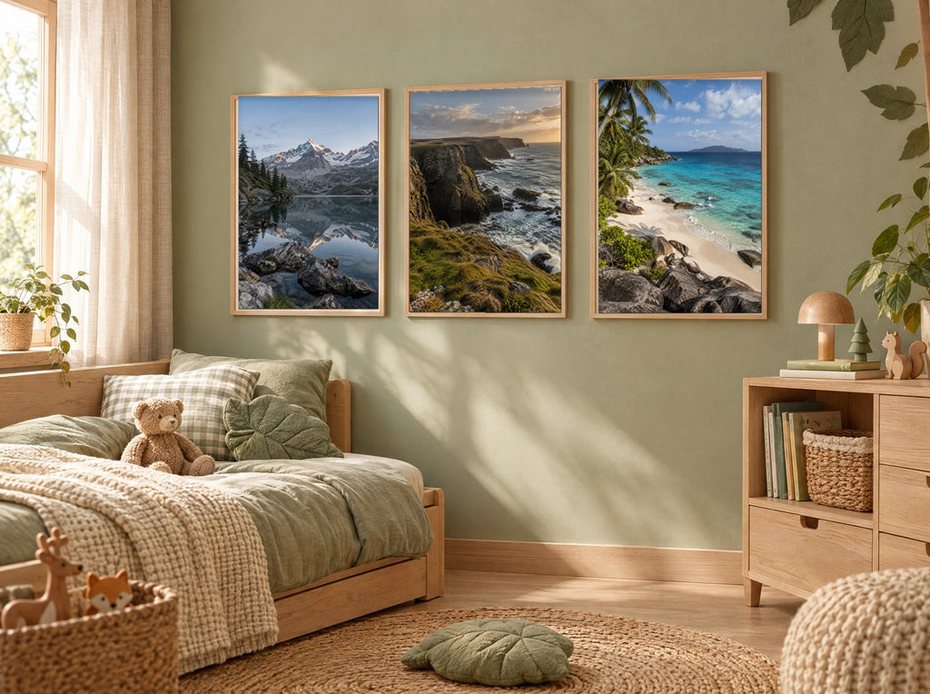 Lot Eaux et Rivages - 3 Posters Encadrés Nature Eau - Cadre Chêne