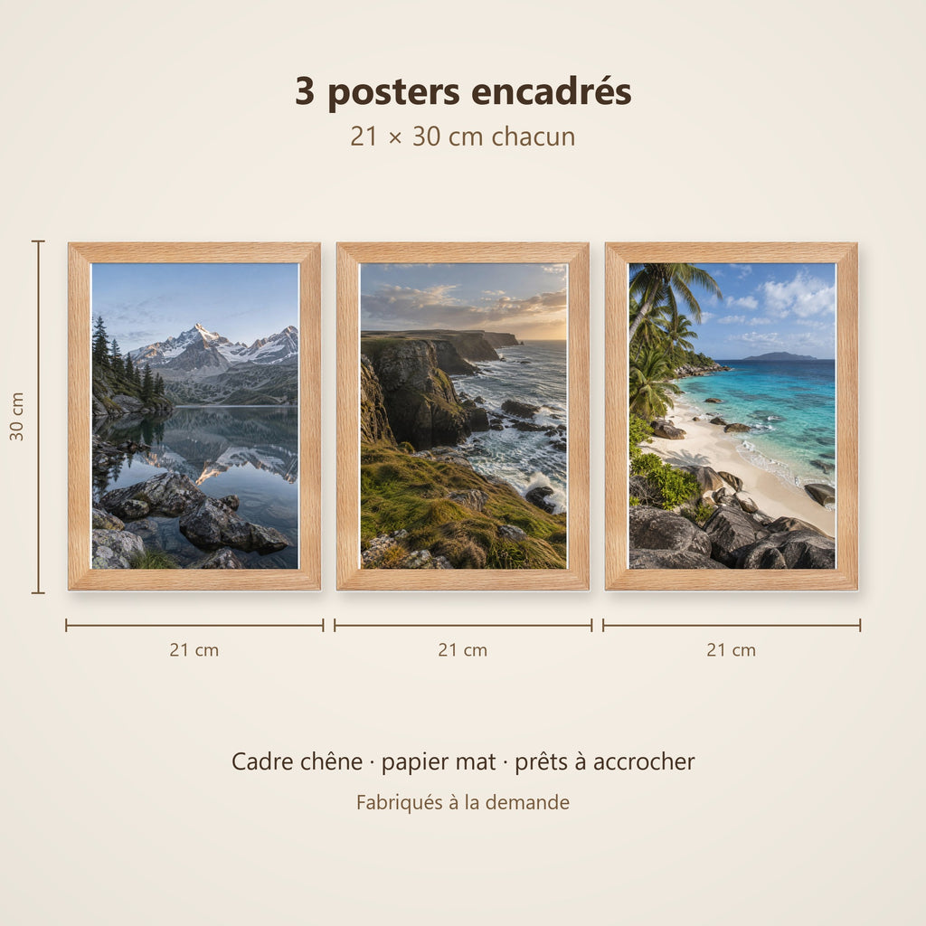 Lot Eaux et Rivages - 3 Posters Encadrés Nature Eau - Cadre Chêne
