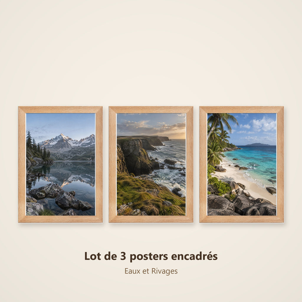 Lot Eaux et Rivages - 3 Posters Encadrés Nature Eau - Cadre Chêne