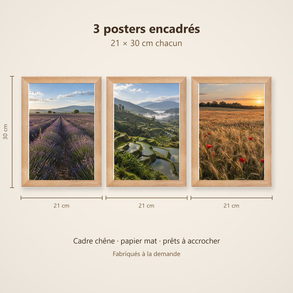 Lot Champs et Campagne - 3 Posters Encadrés Nature Champêtre - Cadre Chêne