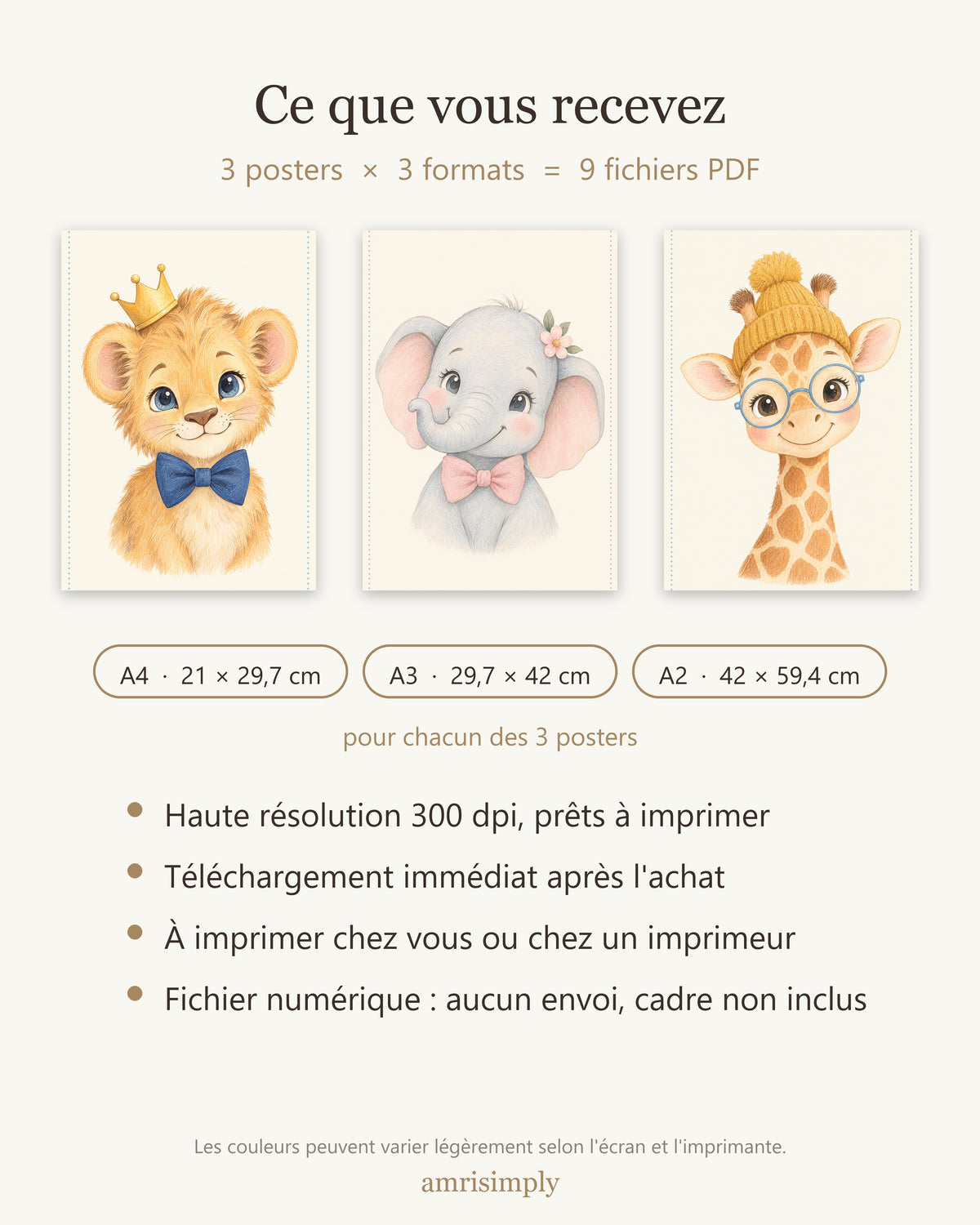 Lot de 3 posters savane à imprimer — ce que vous recevez : 9 fichiers PDF A4, A3, A2