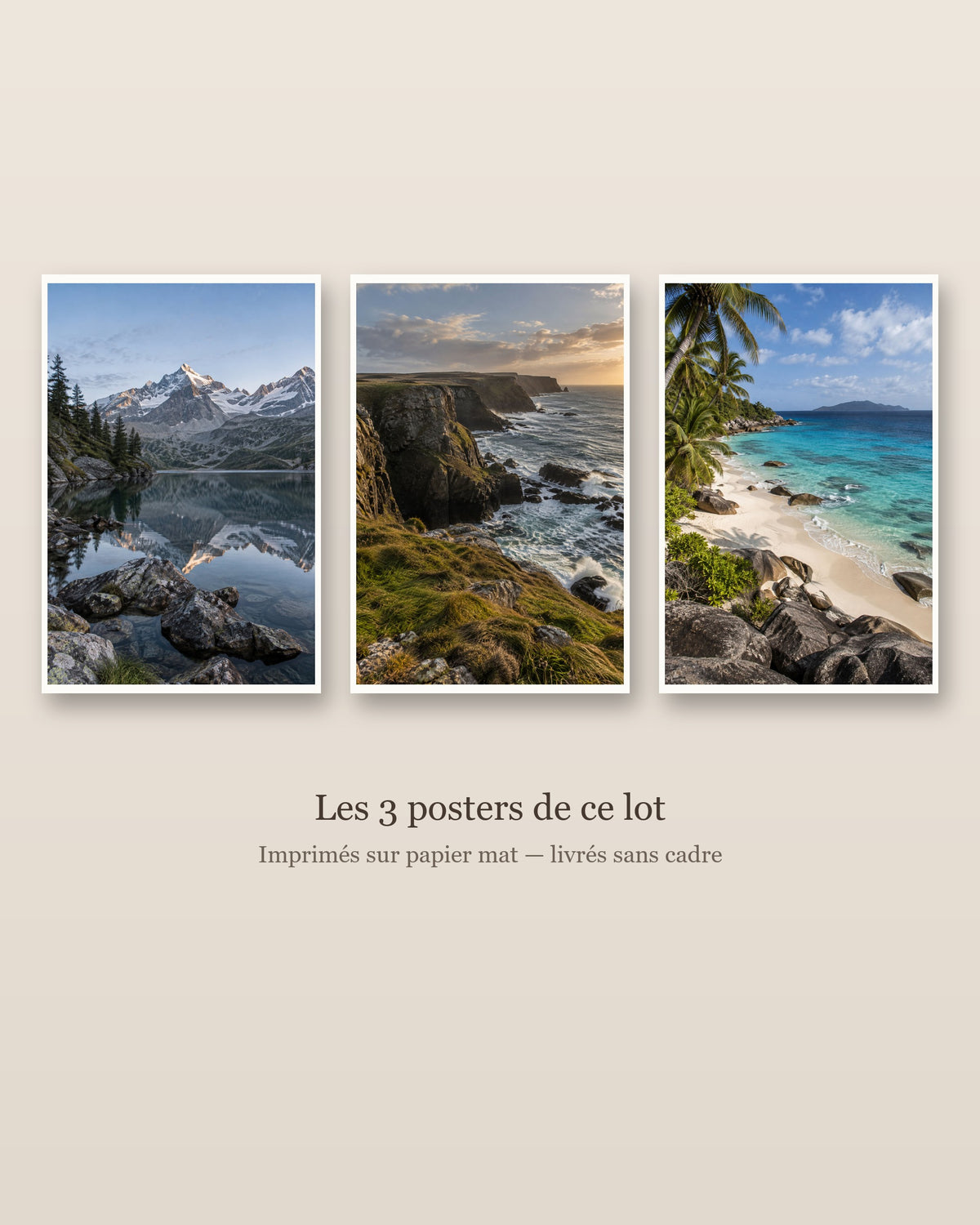 Lot Eaux et Rivages - 3 Posters Sans Cadre Nature Eau - Papier Mat