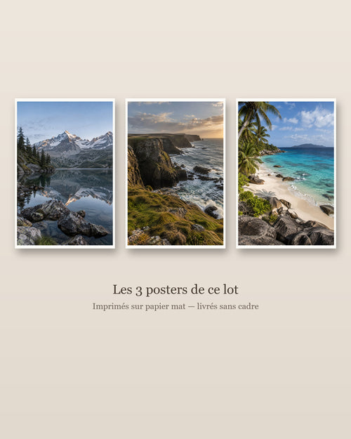 Lot Eaux et Rivages - 3 Posters Sans Cadre Nature Eau - Papier Mat