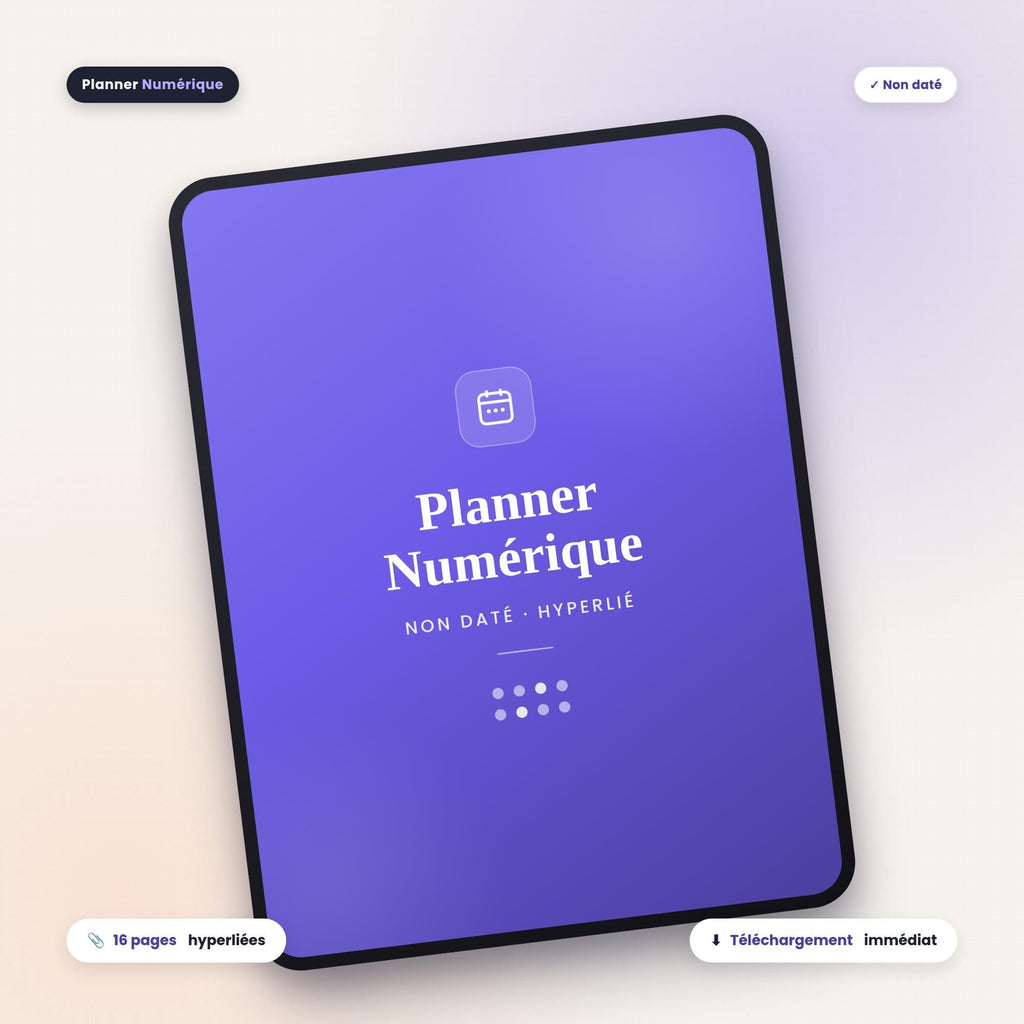 Planner numérique non daté hyperlié affiché sur une tablette