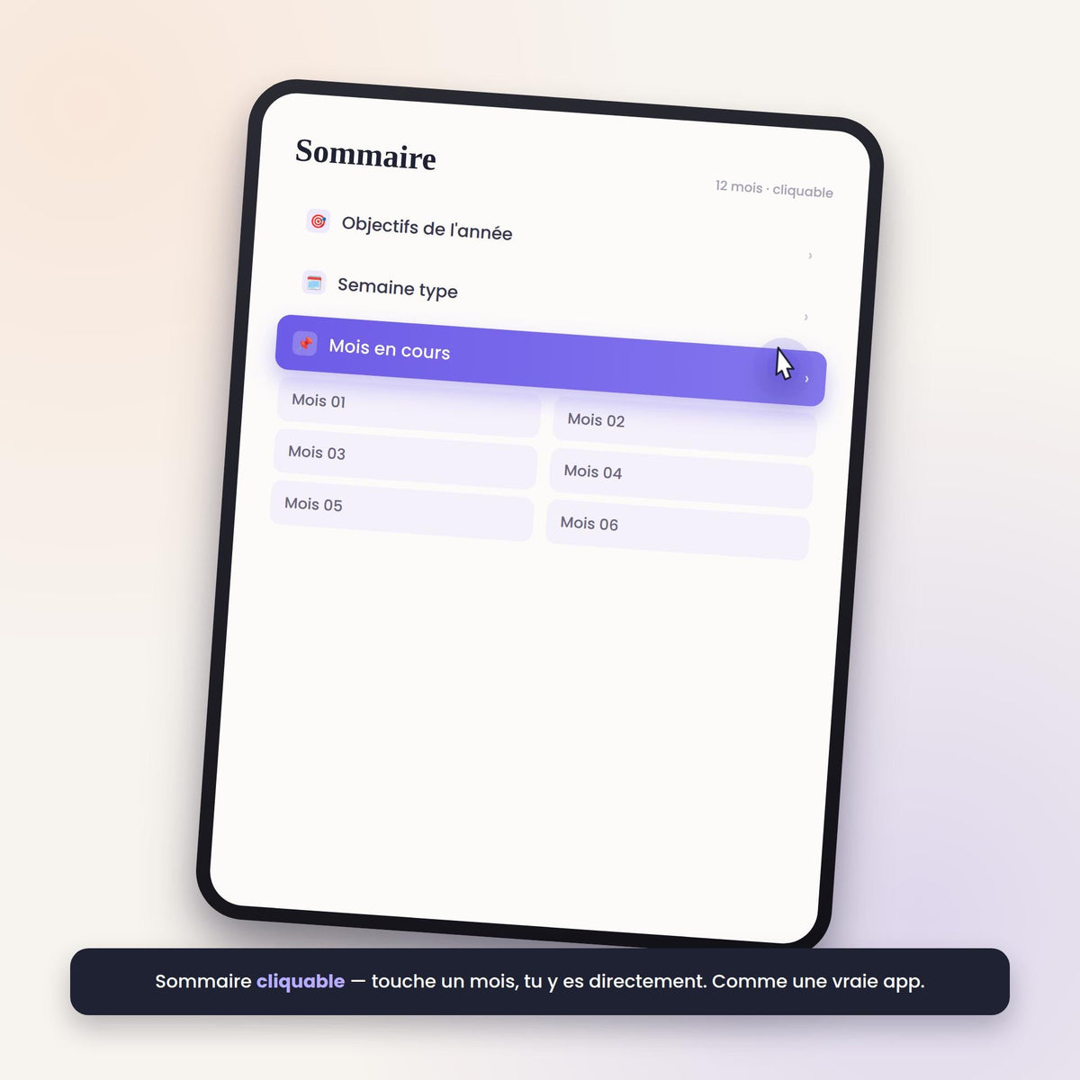 Sommaire cliquable du planner : touche un mois pour y aller directement