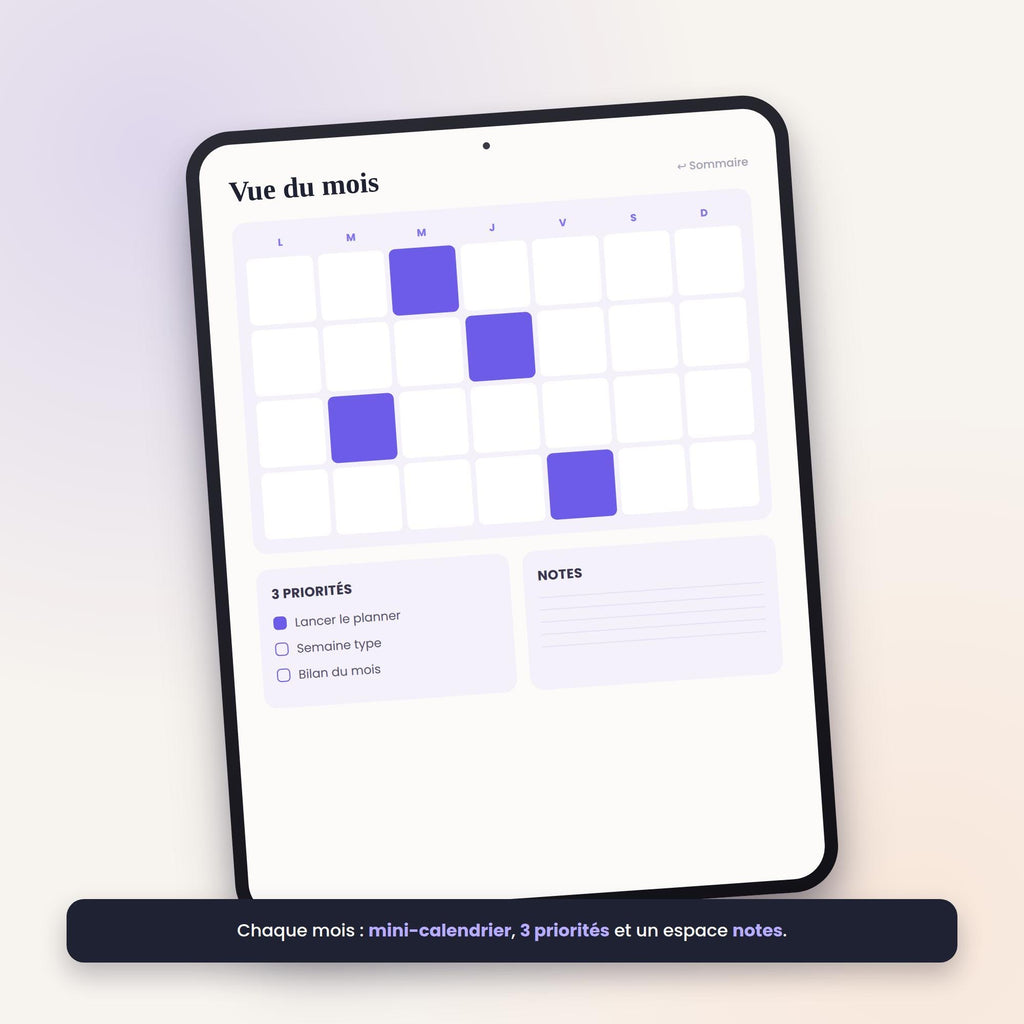 Vue du mois : mini-calendrier, trois priorités et un espace pour les notes