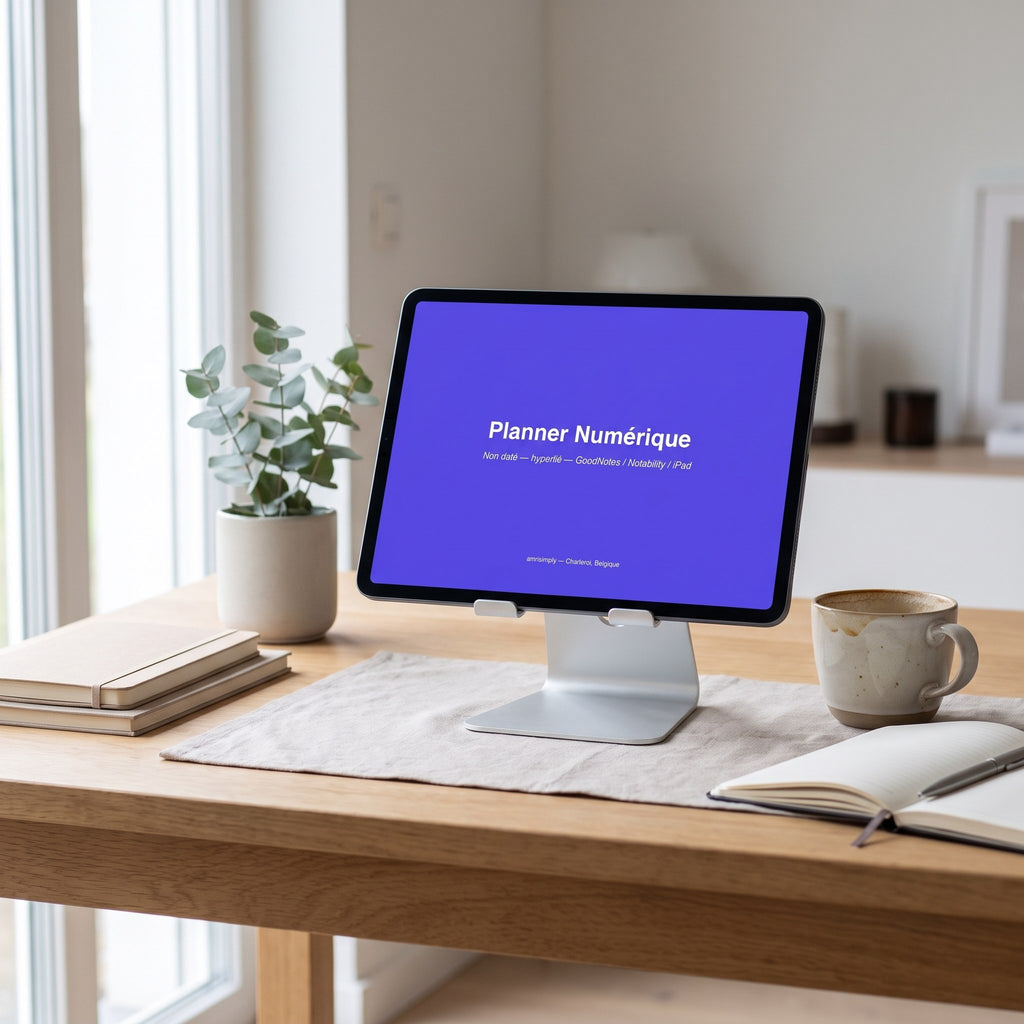 Planner numérique non daté hyperlié pour GoodNotes et Notability, posé sur un bureau