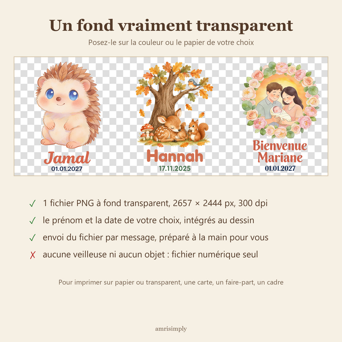 Les trois illustrations sur un damier qui montre le fond transparent, et la liste de ce que contient le fichier PNG