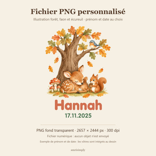 Fichier PNG personnalisé à fond transparent : illustration d'un faon endormi et d'un écureuil sous un chêne d'automne, avec un prénom et une date en exemple