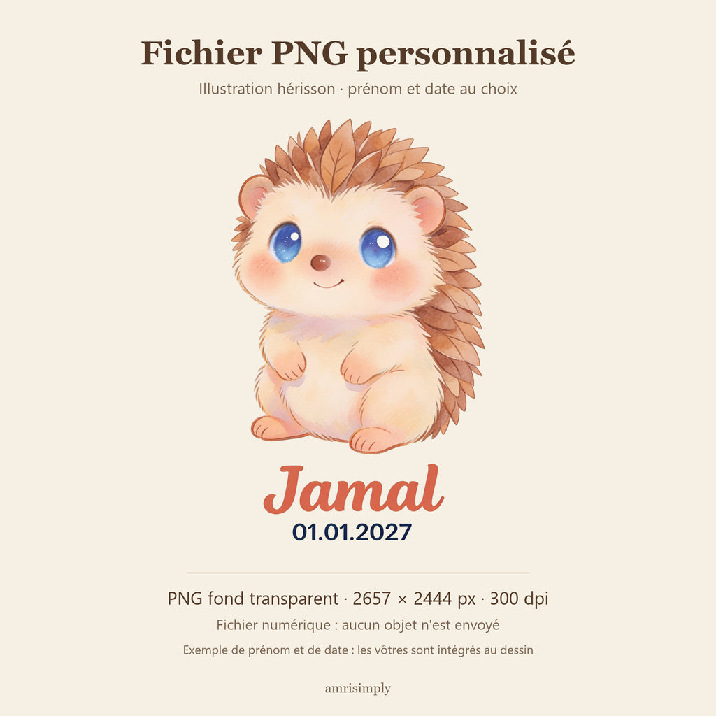 Fichier PNG personnalisé à fond transparent : illustration d'un hérisson avec un prénom et une date en exemple