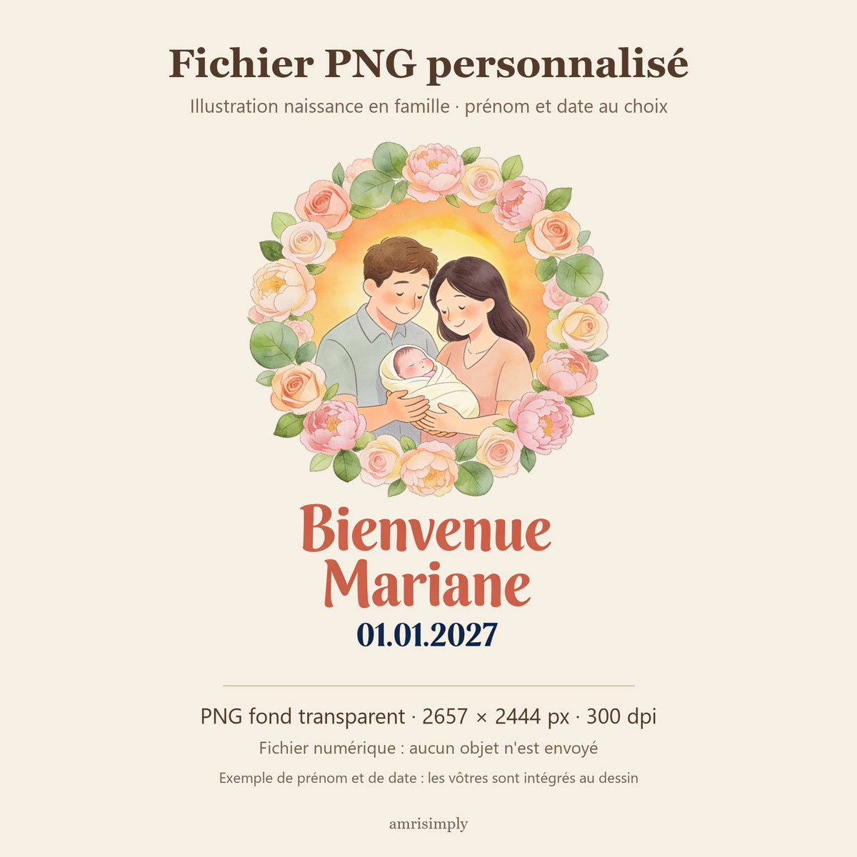 Fichier PNG personnalisé à fond transparent : illustration d'un couple et de son nouveau-né dans une couronne de roses, avec un prénom et une date en exemple