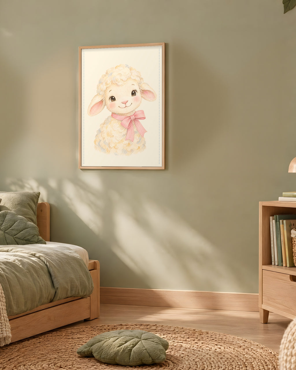 Poster Agneau Nœud Rose Encadré – Décoration Chambre Bébé Animaux Aquarelle – Cadre Chêne Prêt à Accrocher