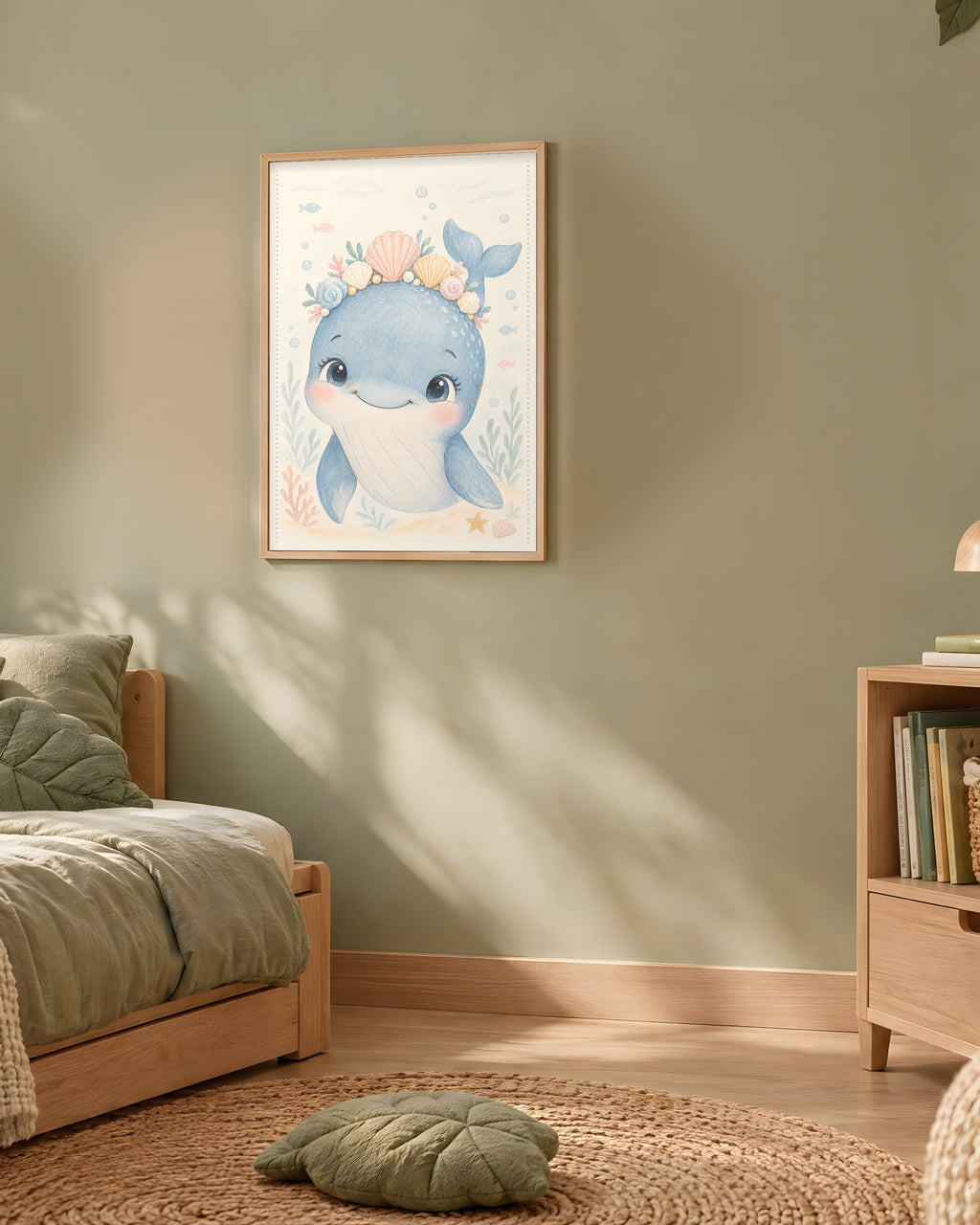 Poster Baleine aux Coquillages Encadré – Décoration Chambre Bébé Animaux Aquarelle – Cadre Chêne Prêt à Accrocher