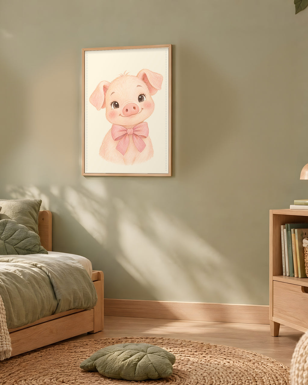 Poster Cochonnet Nœud Rose Encadré – Décoration Chambre Bébé Animaux Aquarelle – Cadre Chêne Prêt à Accrocher