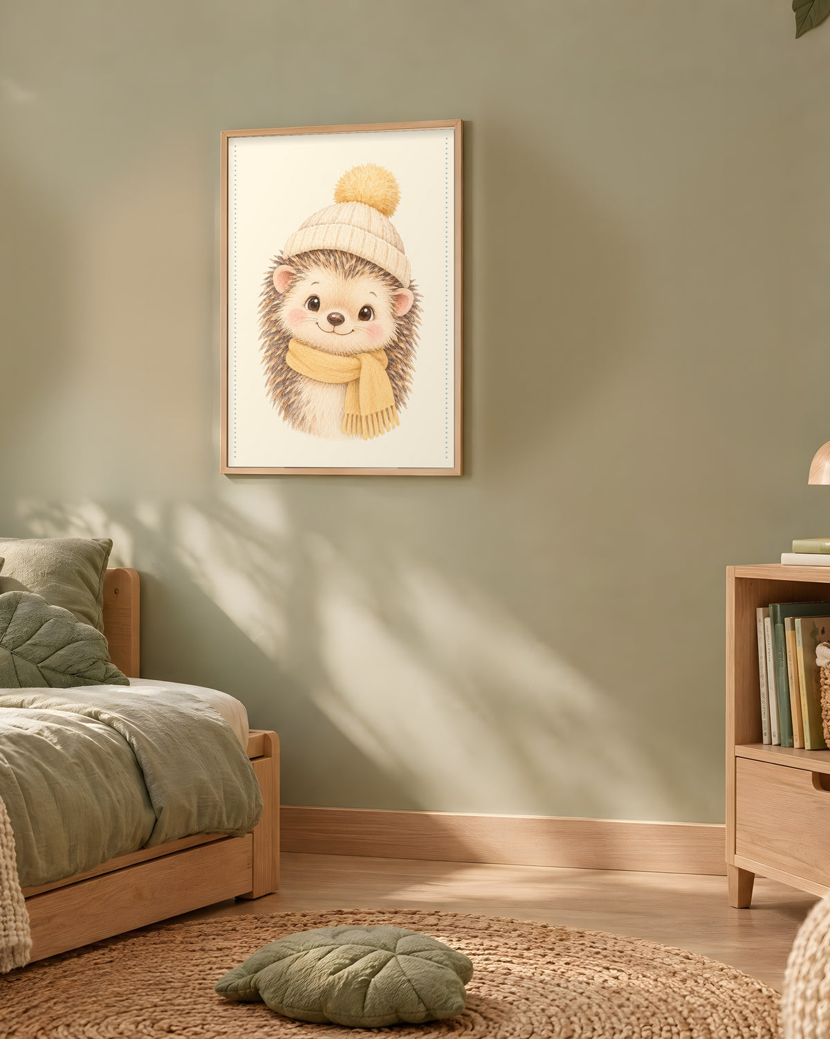 Poster Hérisson Écharpe Encadré – Décoration Chambre Bébé Animaux Aquarelle – Cadre Chêne Prêt à Accrocher