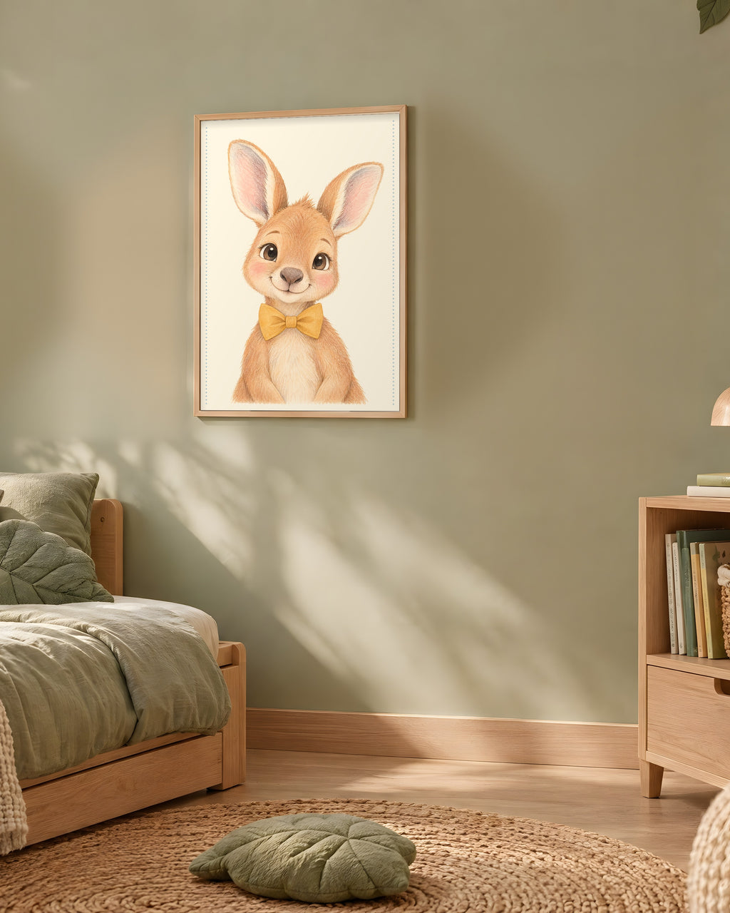 Poster Kangourou Encadré – Décoration Chambre Bébé Animaux Aquarelle – Cadre Chêne Prêt à Accrocher