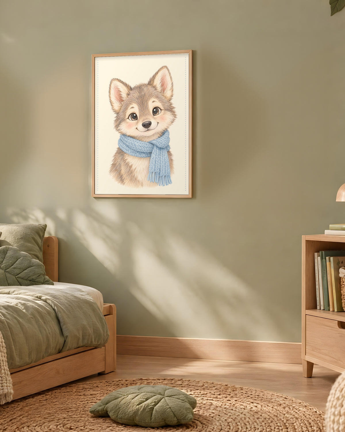 Poster Louveteau Écharpe Encadré – Décoration Chambre Bébé Animaux Aquarelle – Cadre Chêne Prêt à Accrocher