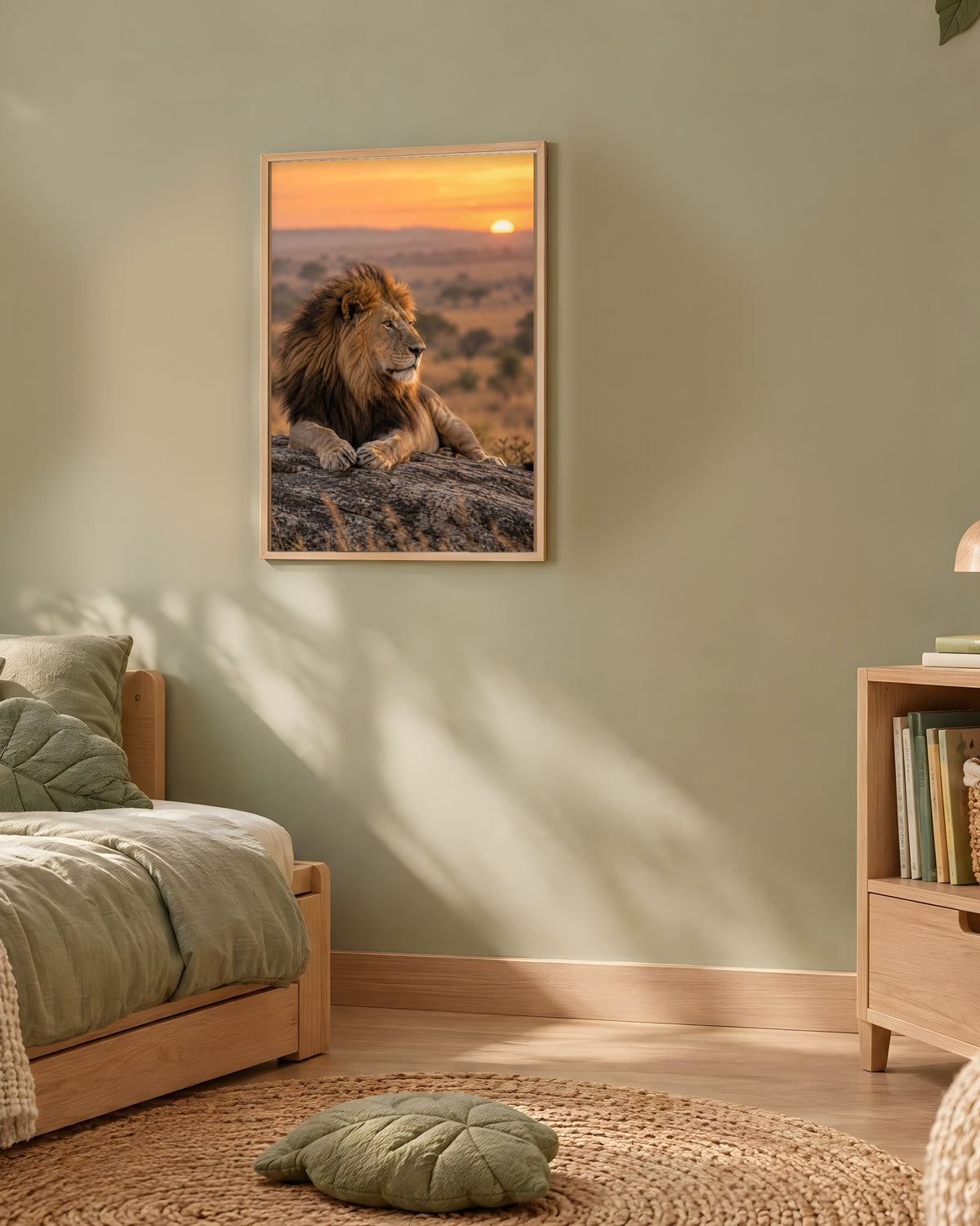 Poster Encadré Lion au Lever du Jour - Affiche Nature Savane Africaine Cadre Chêne - Décoration Murale