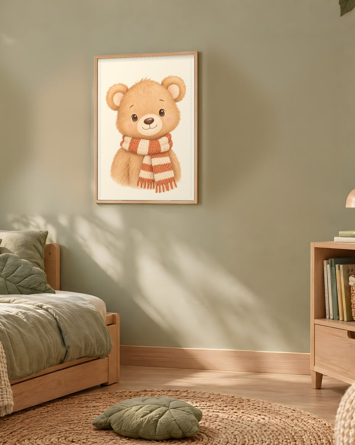 Poster Ourson en Écharpe Encadré – Décoration Chambre Bébé Animaux Aquarelle – Cadre Chêne Prêt à Accrocher